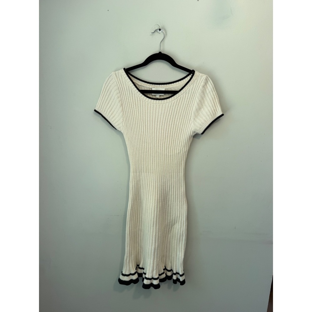 Freshman 1996 Cream Ribbed Knit Ruffle Hem Short Sleeve Mini Dress Womens Large